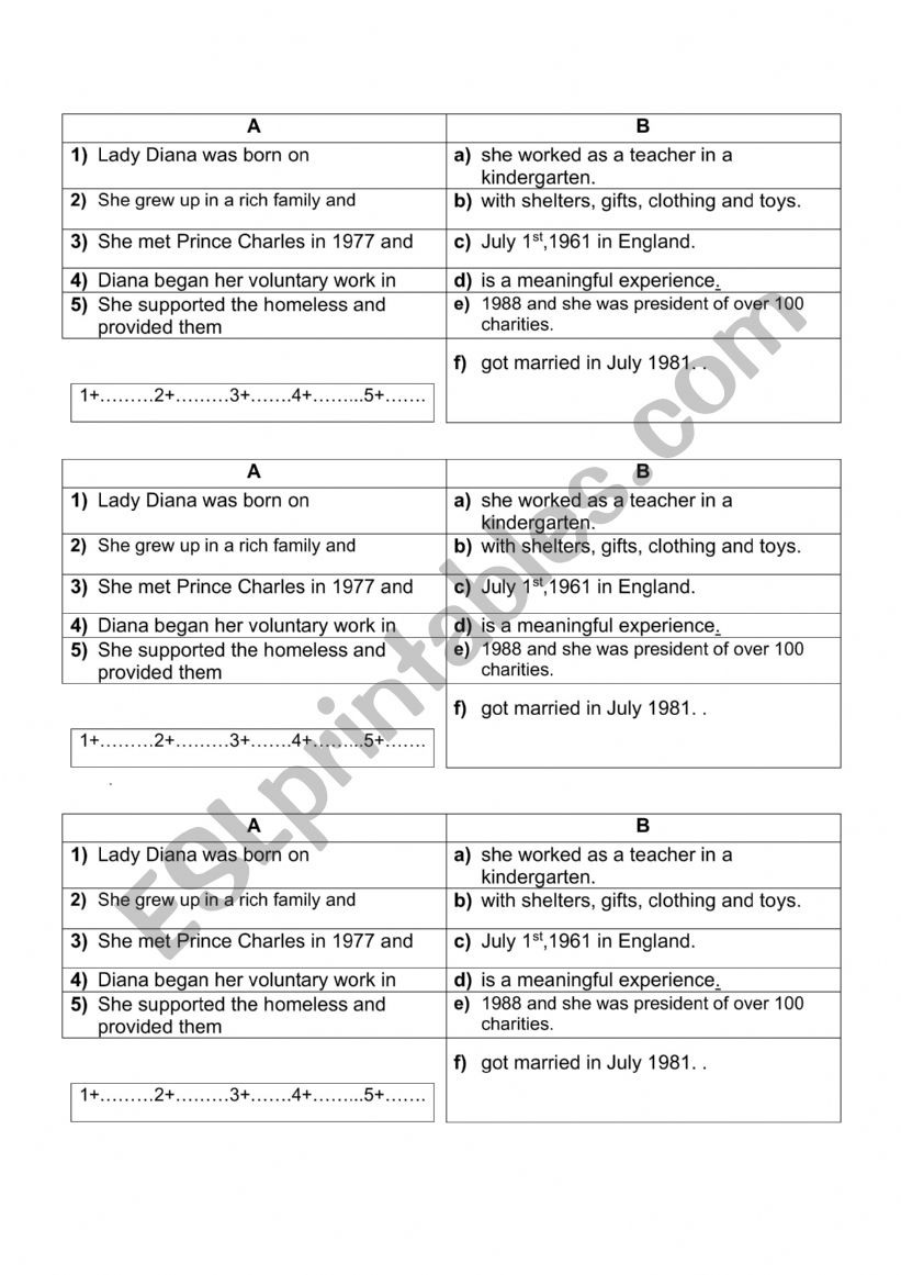 Lady Diana biography worksheet