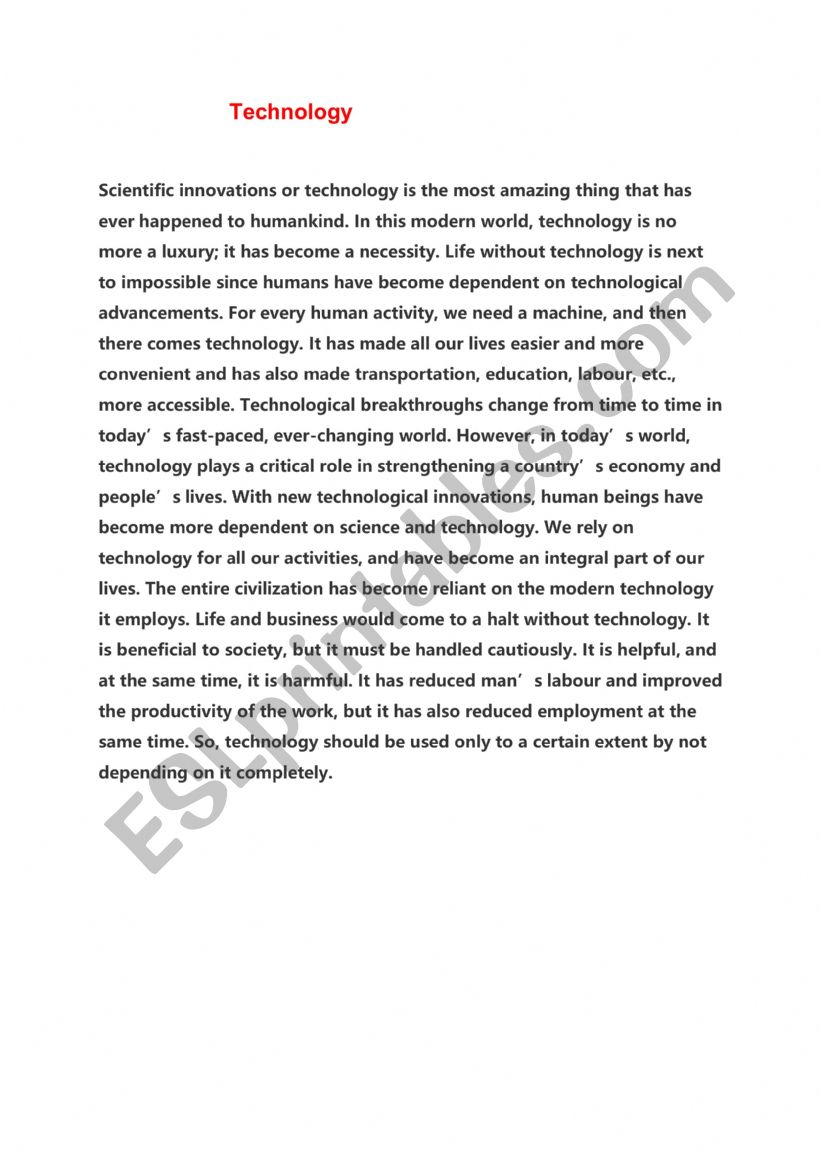 paragraph on technomogy worksheet