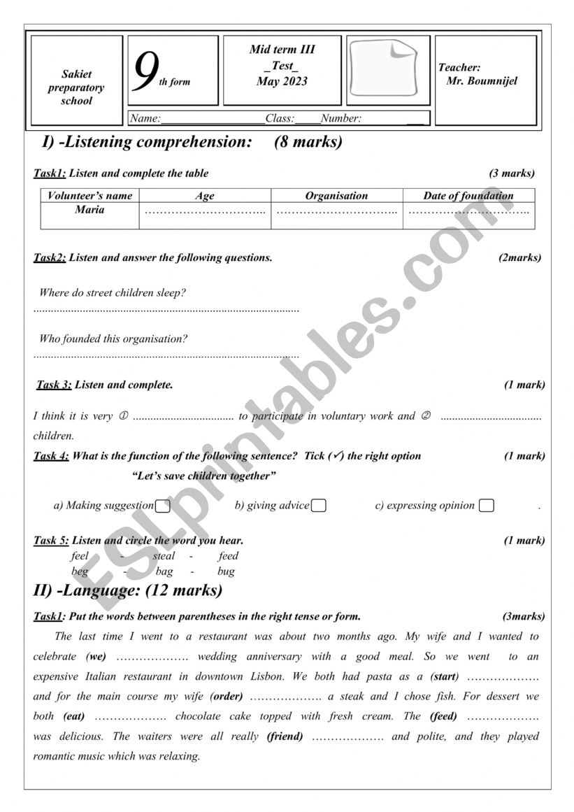 MID TERM 3 TEST 9TH FORM worksheet