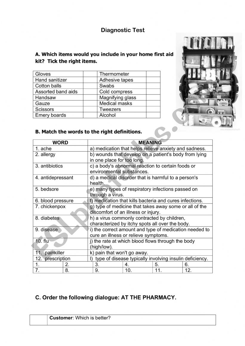 Pharmacy diagnostic test worksheet