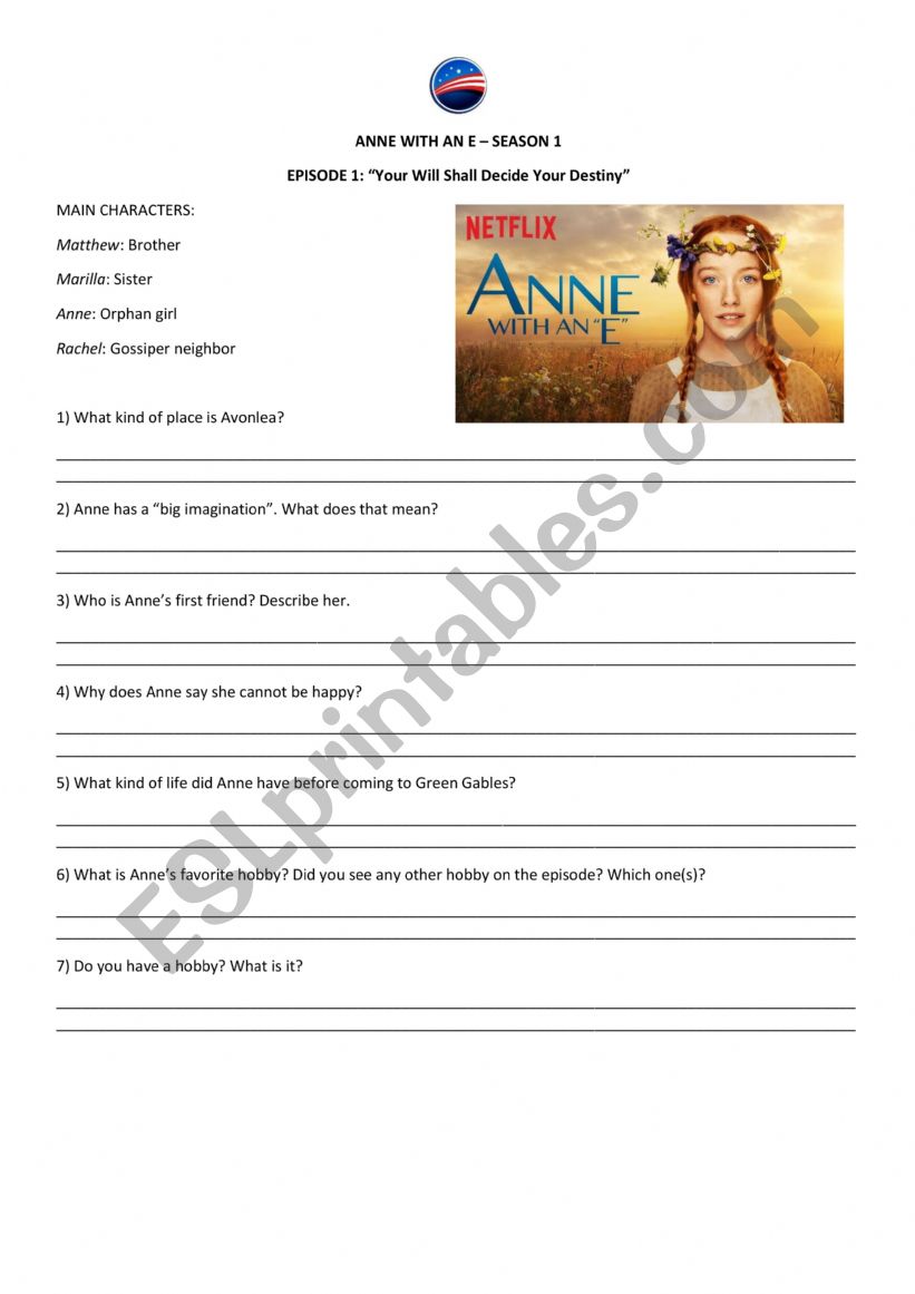 Anne with an E worksheet