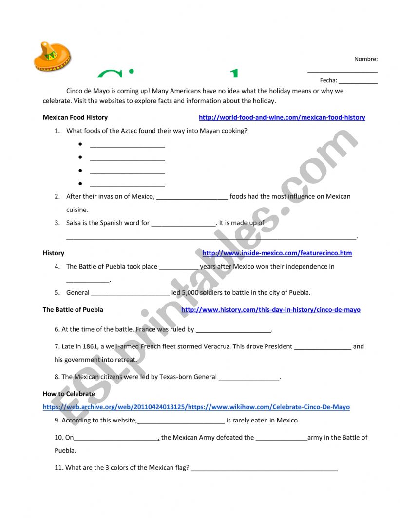 Cinco de Mayo WebQuest worksheet