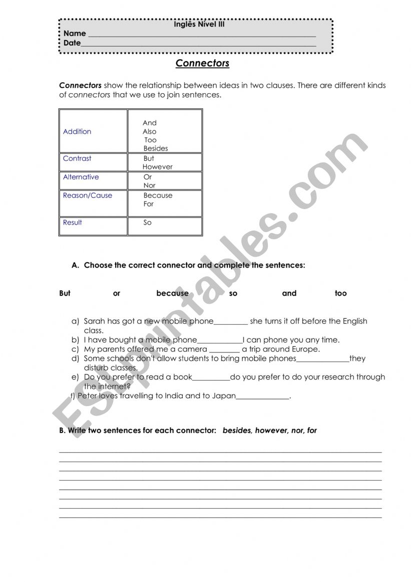 Connectors Esl Worksheet By Anamatos