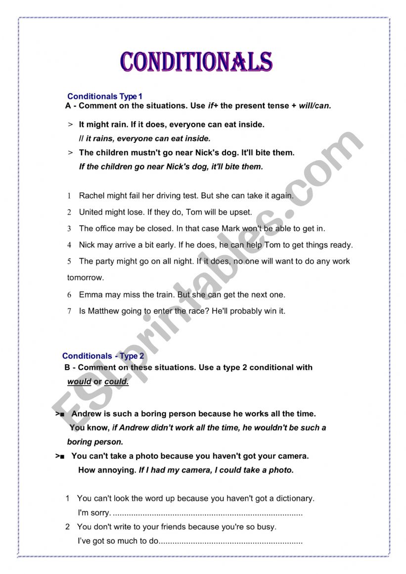 Conditionals type 1 2 and 3 worksheet