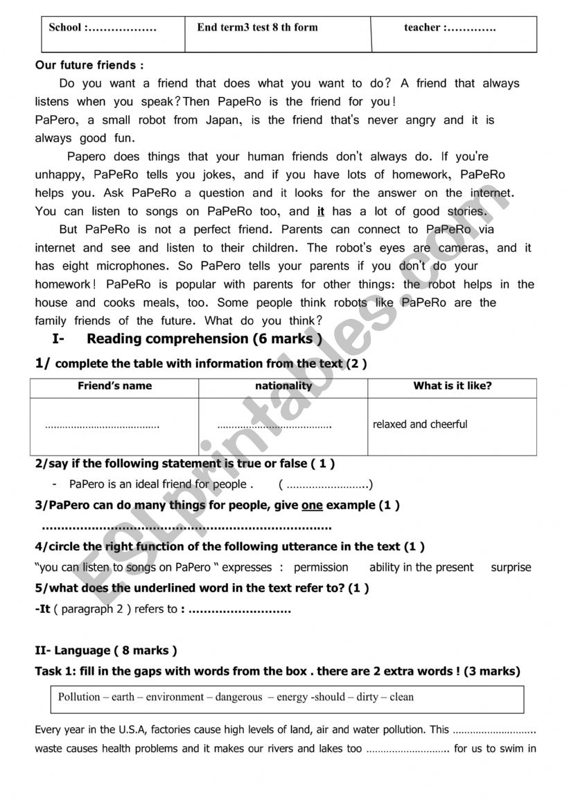 end term 3 test 8 form worksheet