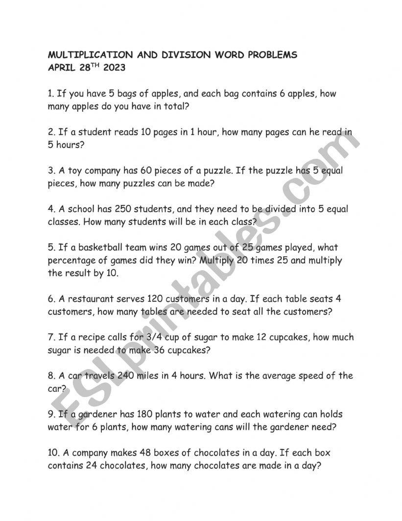 Multiplication And Division Worksheet ESL Worksheet By Yamidr19