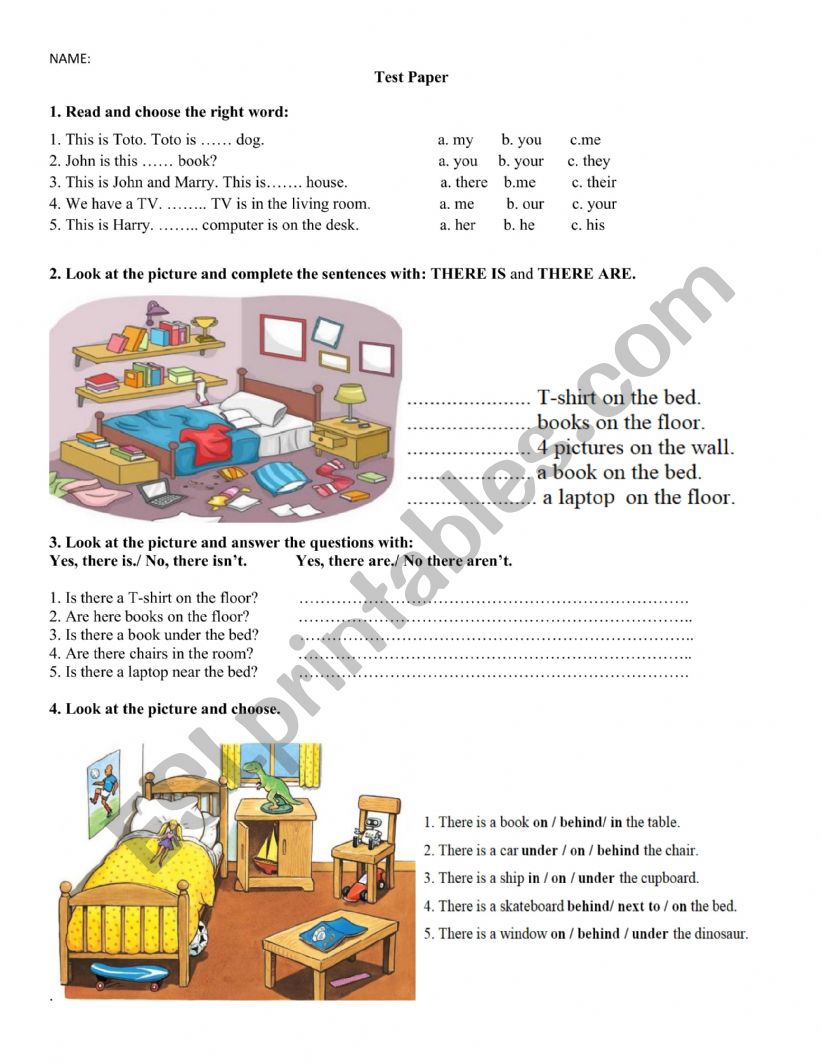 Test paper to be and place prepositions