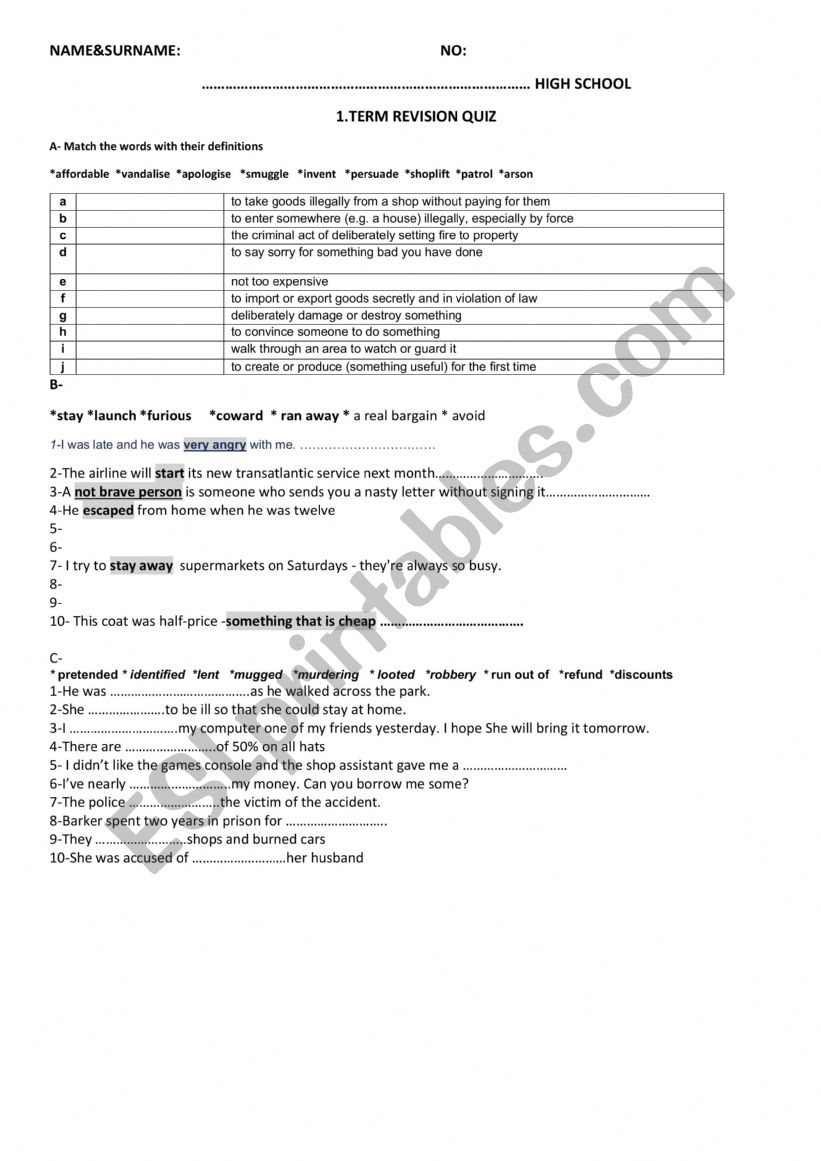 A2 REVISION QUIZ worksheet