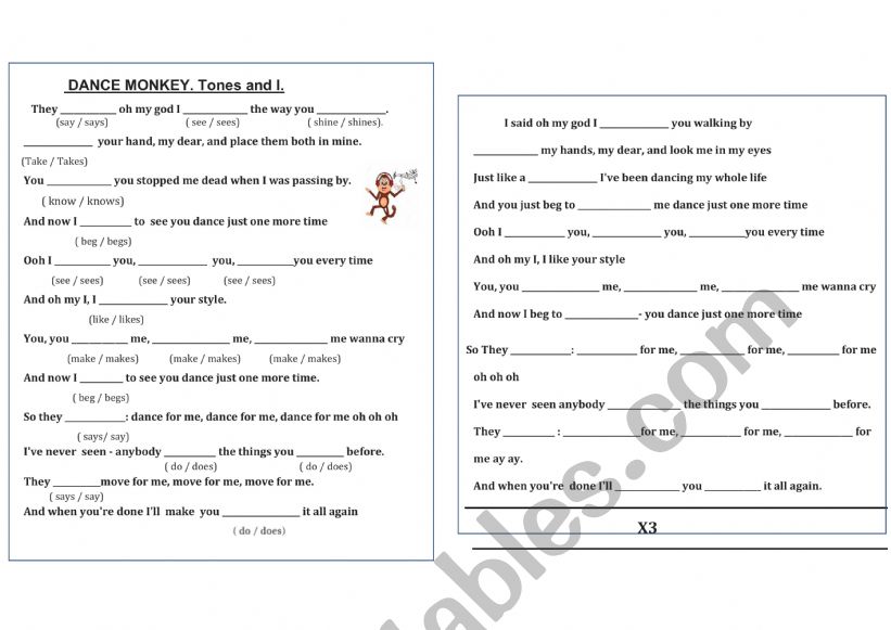 DANCE MONKEY SONG worksheet