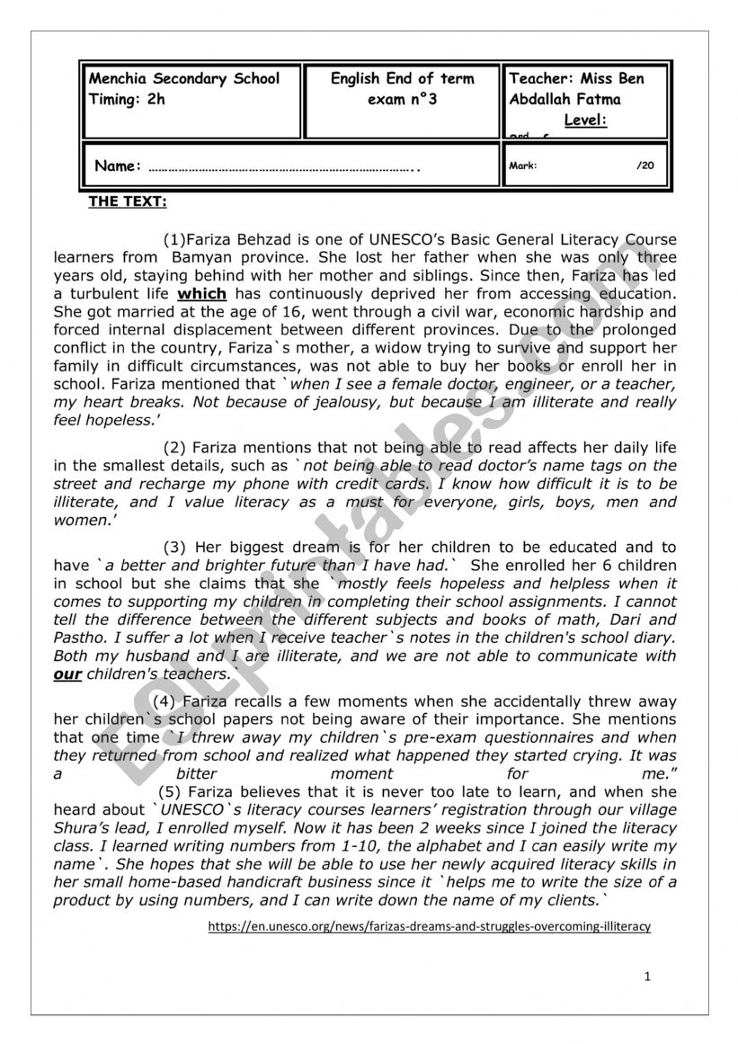 end of term test  worksheet