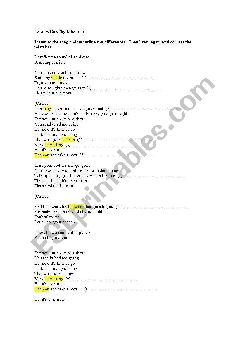 Take a bow by Rihanna worksheet