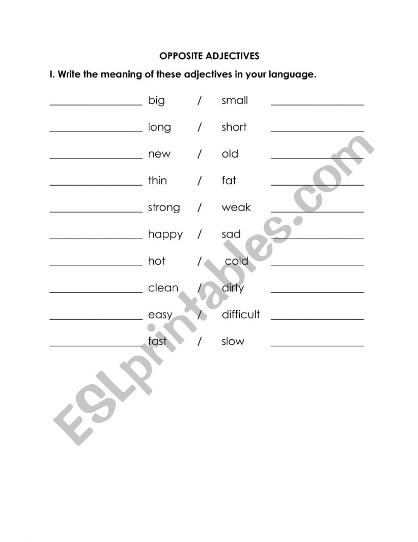 Opposite adjectives worksheet