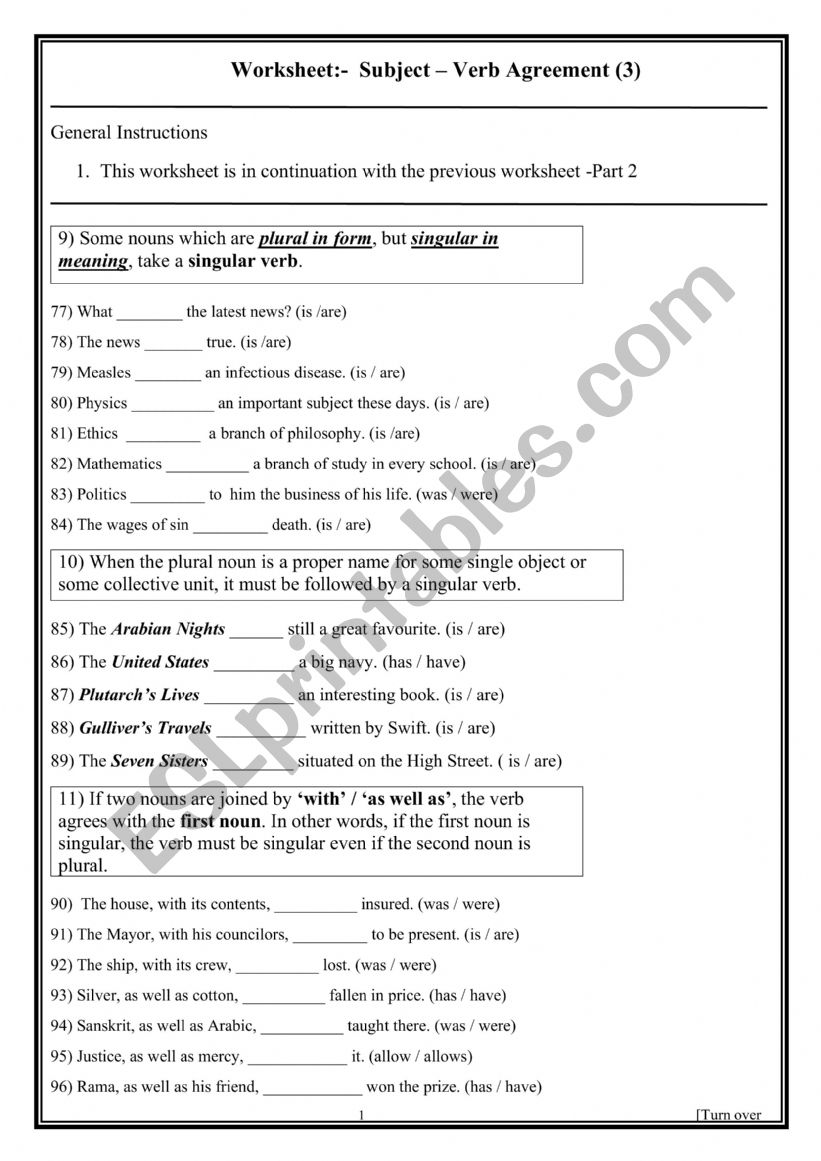 Subject Verb Concord (3) worksheet