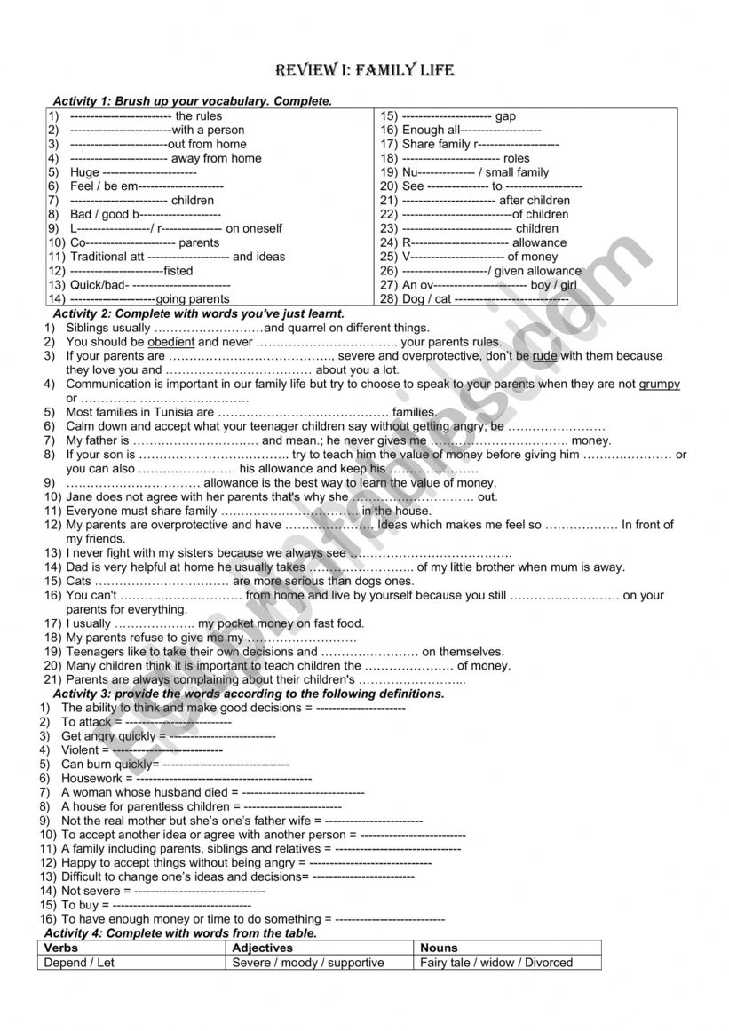 review module 1 family life worksheet