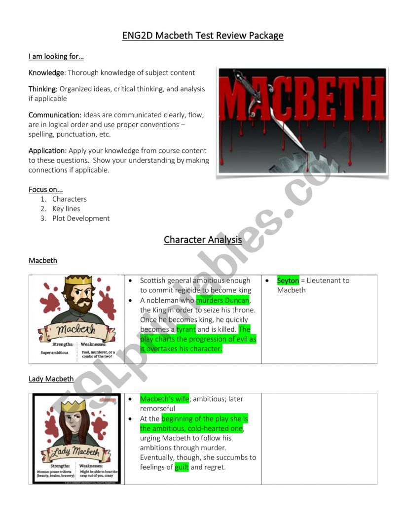 Macbeth Unit test reveiw  worksheet