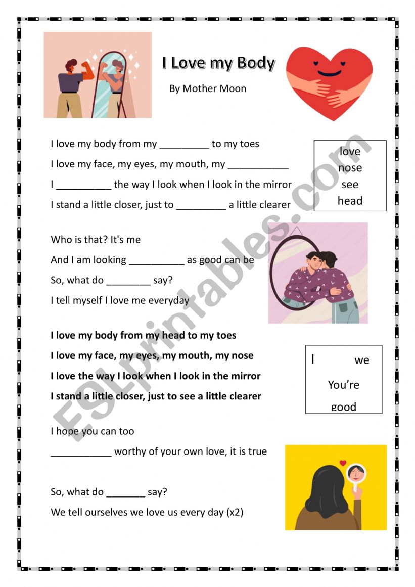 I Love my Body - Mother Moon Song - ESL worksheet by msrodrigues