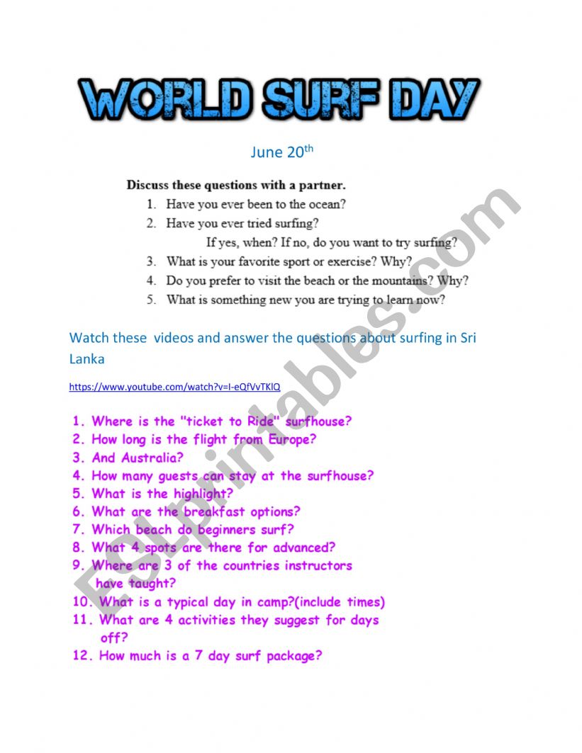 World Surf Day - June 20th worksheet