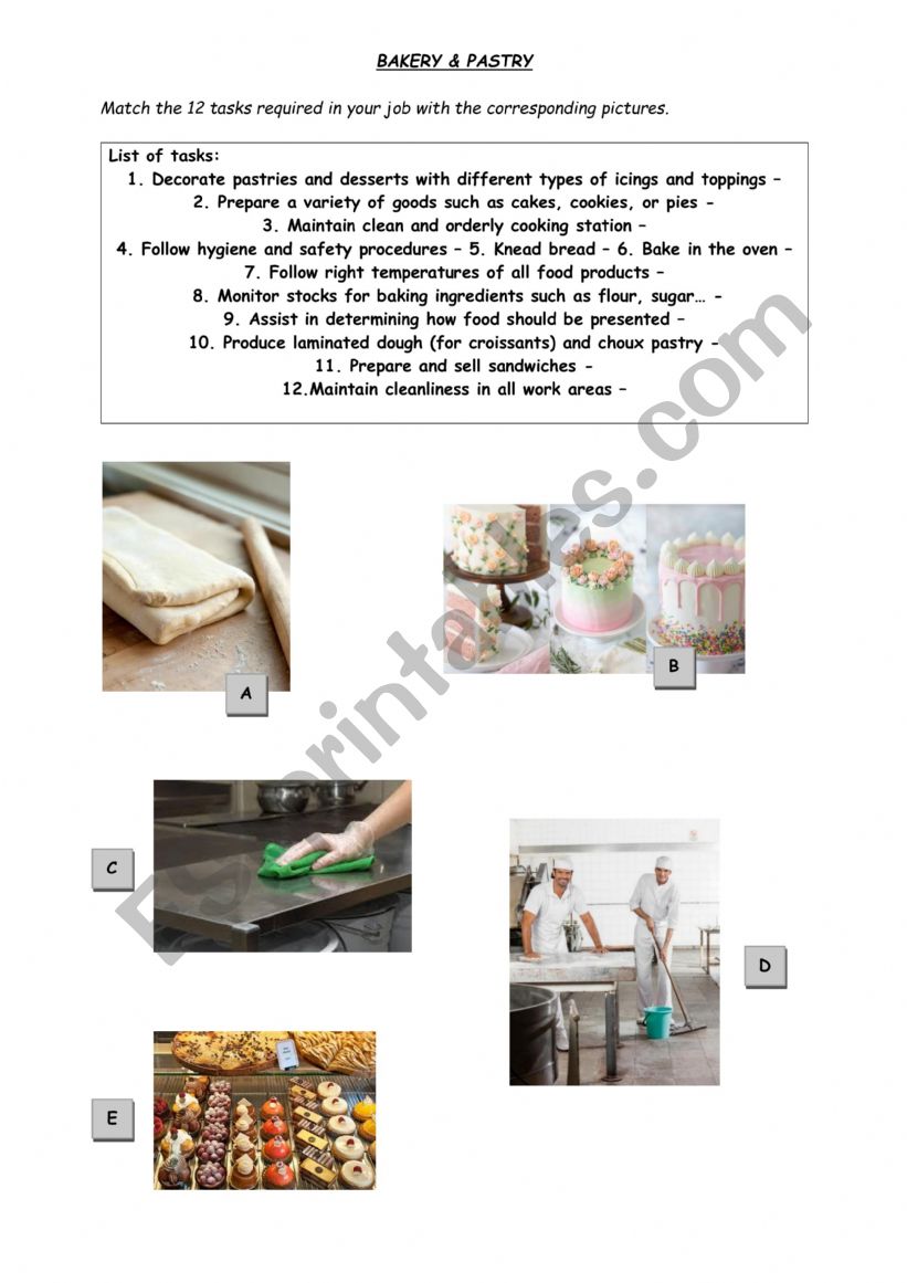 Tasks in bakery and pastry  worksheet
