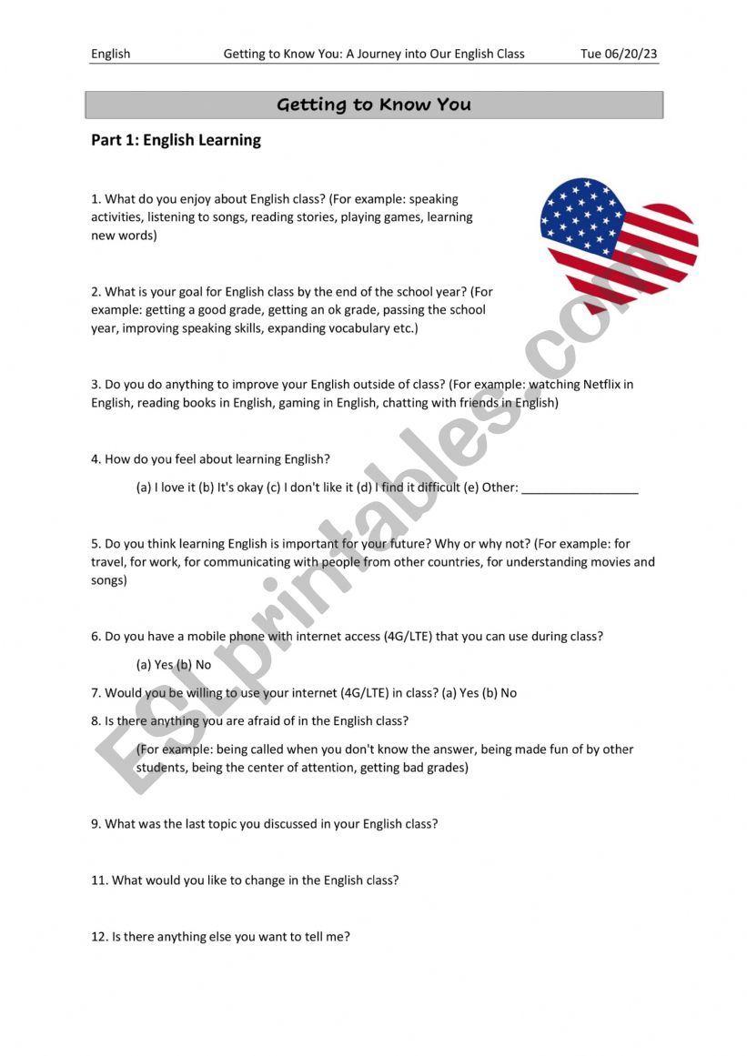 About you worksheet