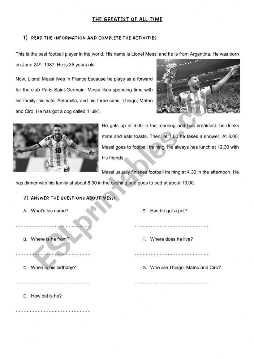 Lionel Messis Routine worksheet