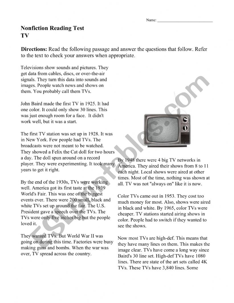 Nonfiction Reading Test TV worksheet