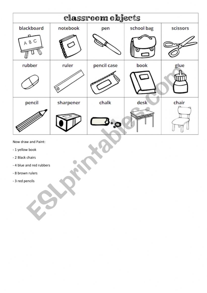 School objects and colours worksheet