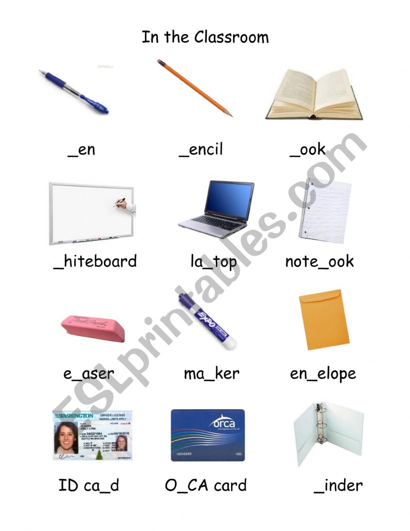 Classroom objects vocabulary with gap filling