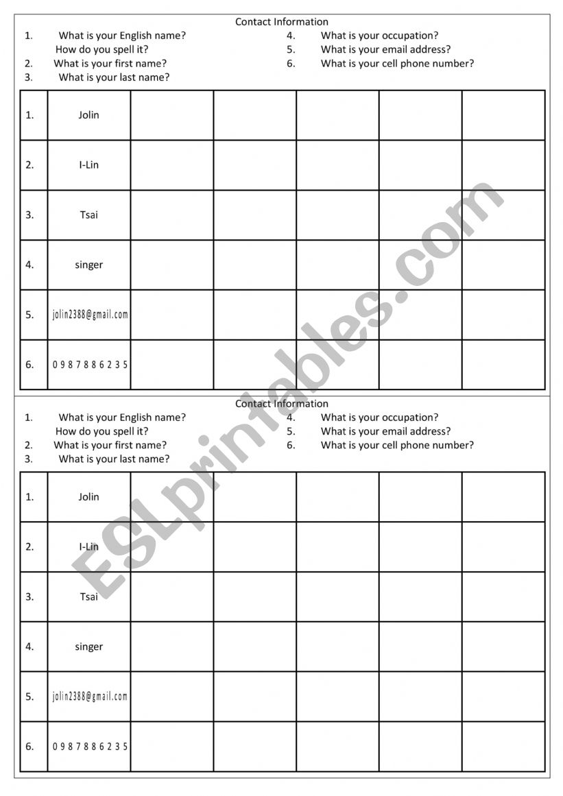 Interview Personal Details worksheet