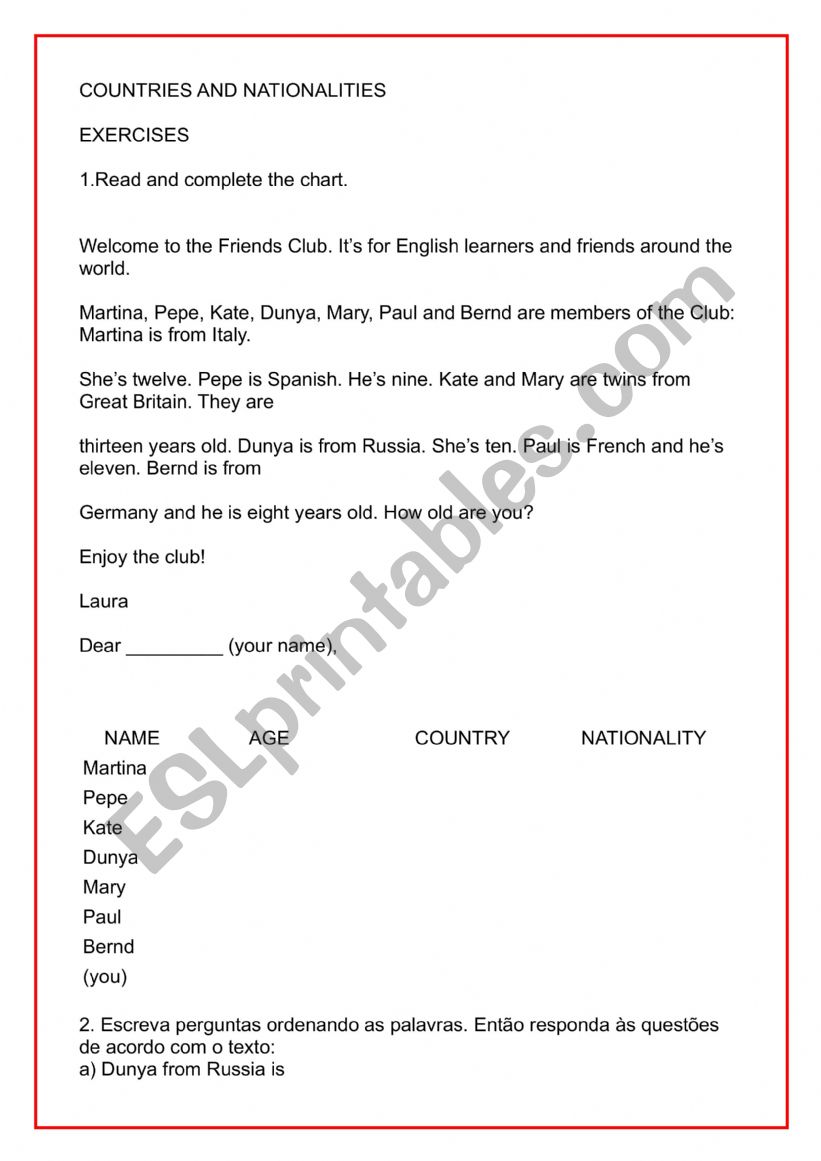 Countries and NAtionalities worksheet