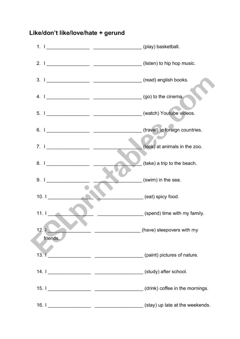 Like + gerund worksheet