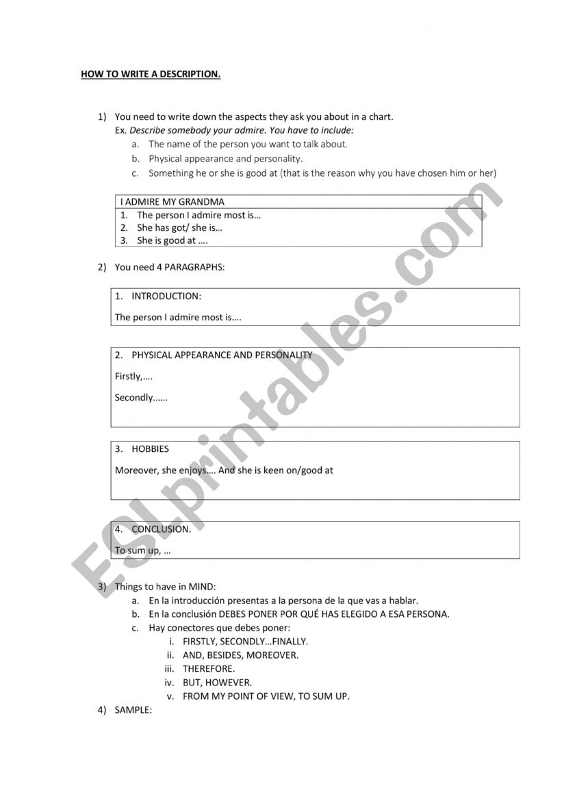 HOW TO WRITE A DESCRIPTION worksheet