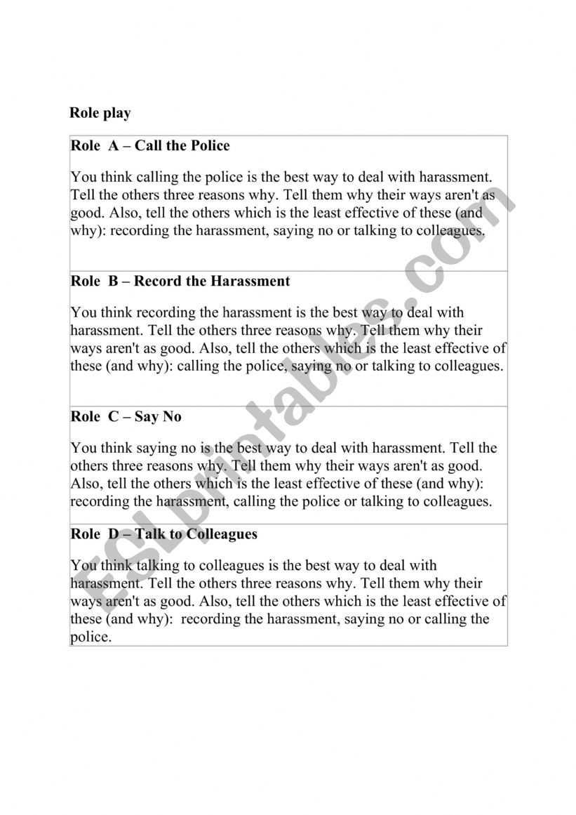 role play cards - harassment  worksheet