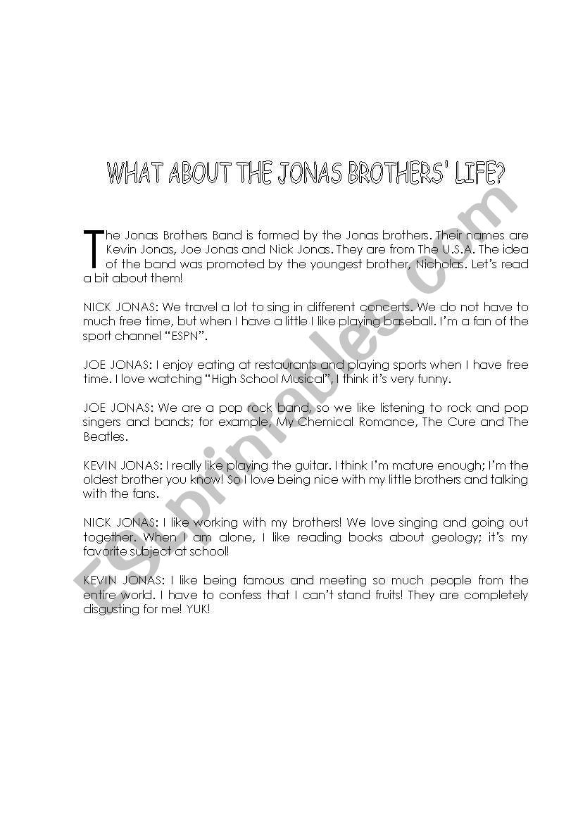 Jonas brothers preferences worksheet