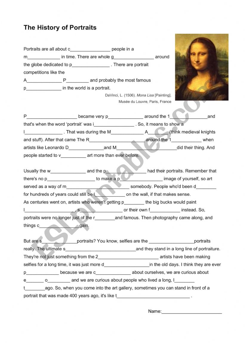 History of Portraits worksheet