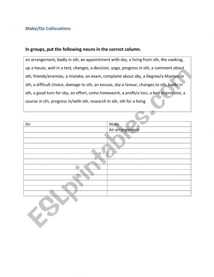 Make Do Collocations Esl Worksheet By Psgall