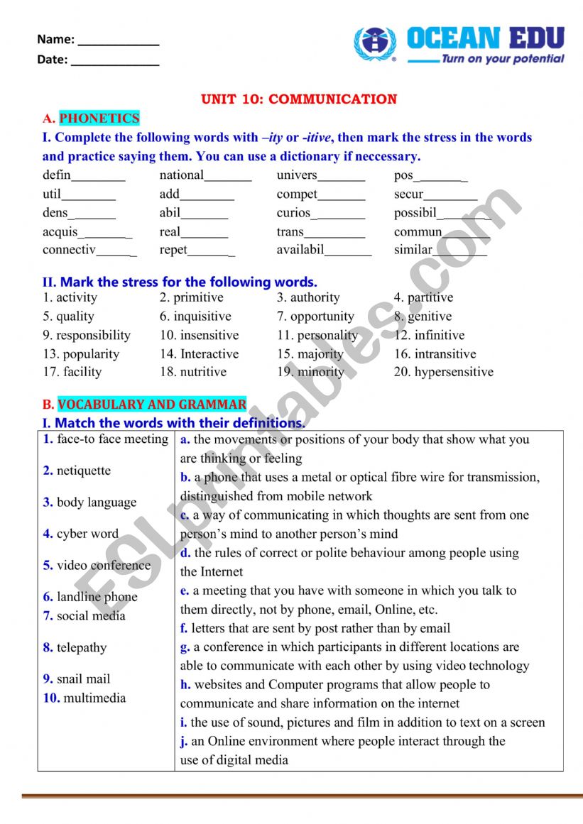 Unit 10: Communication worksheet