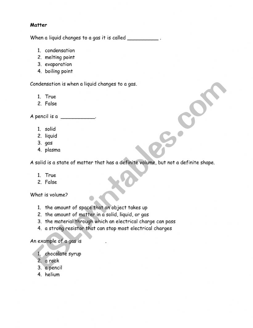 Matter Test worksheet