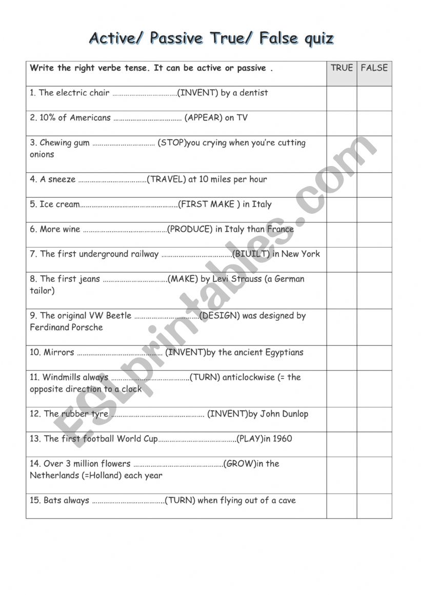 PASIIVE VOICE TRUE FALSE QUIZ worksheet