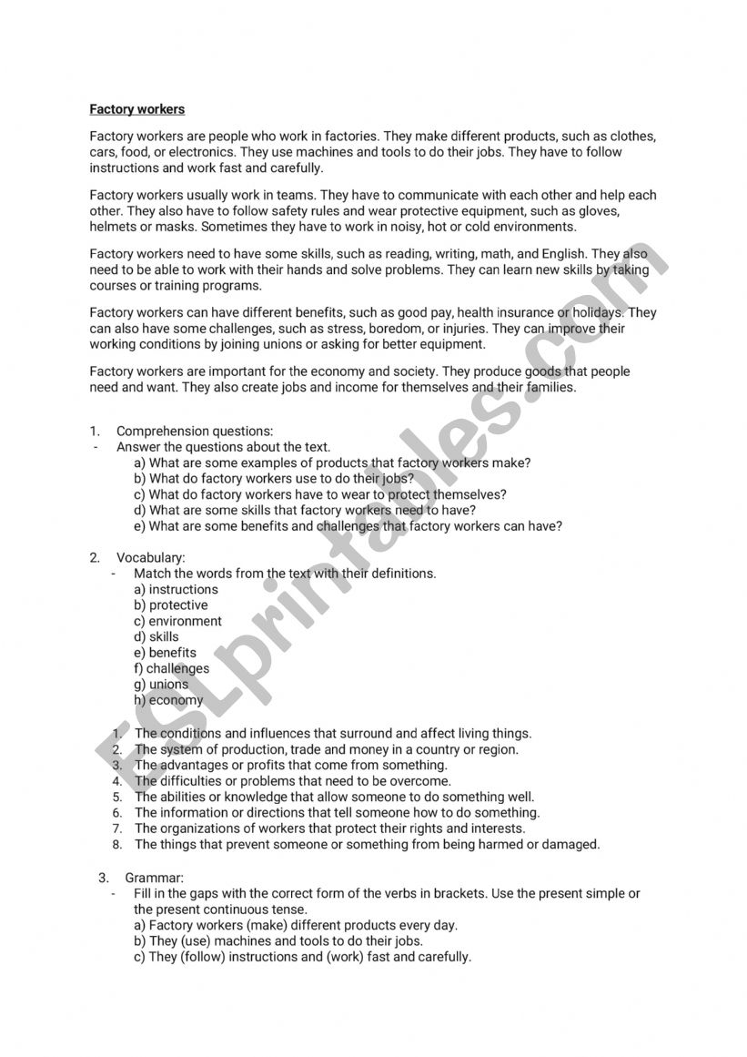 Factory workers - worksheet with exercises