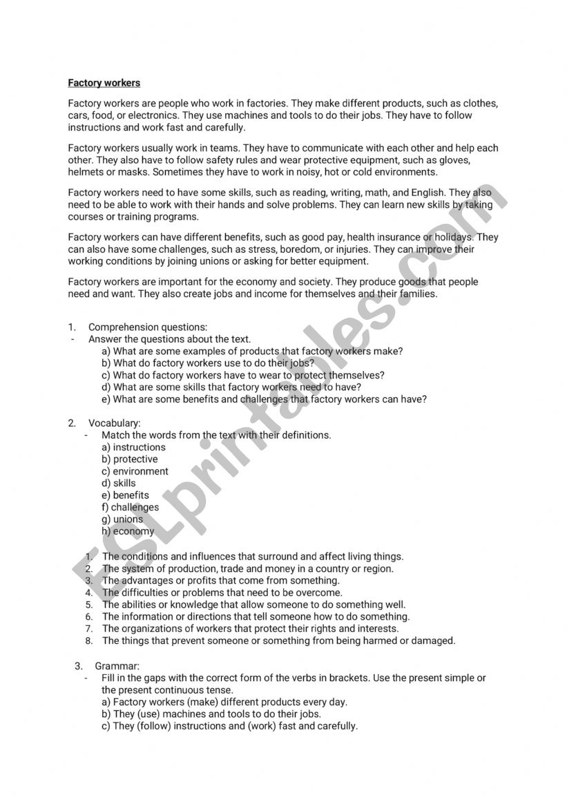 Factory workers worksheet