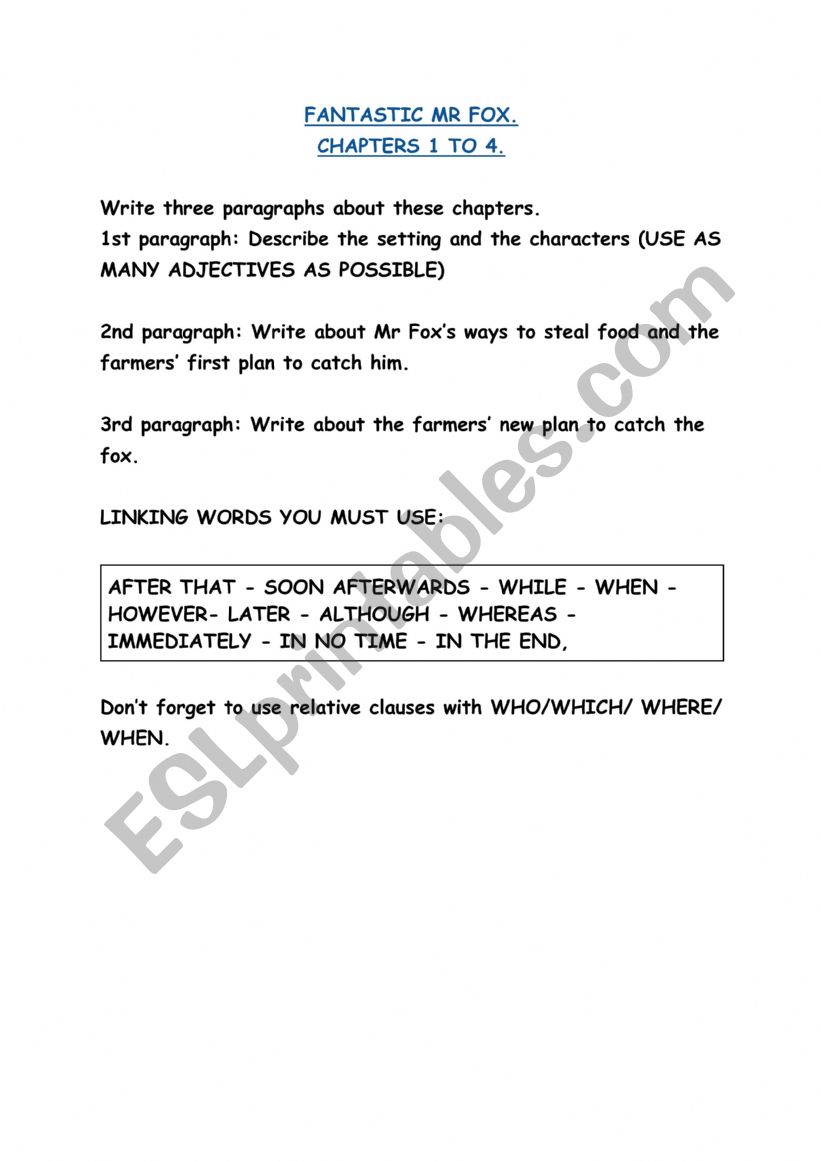 Writing ,Fantastic Mr Fox worksheet