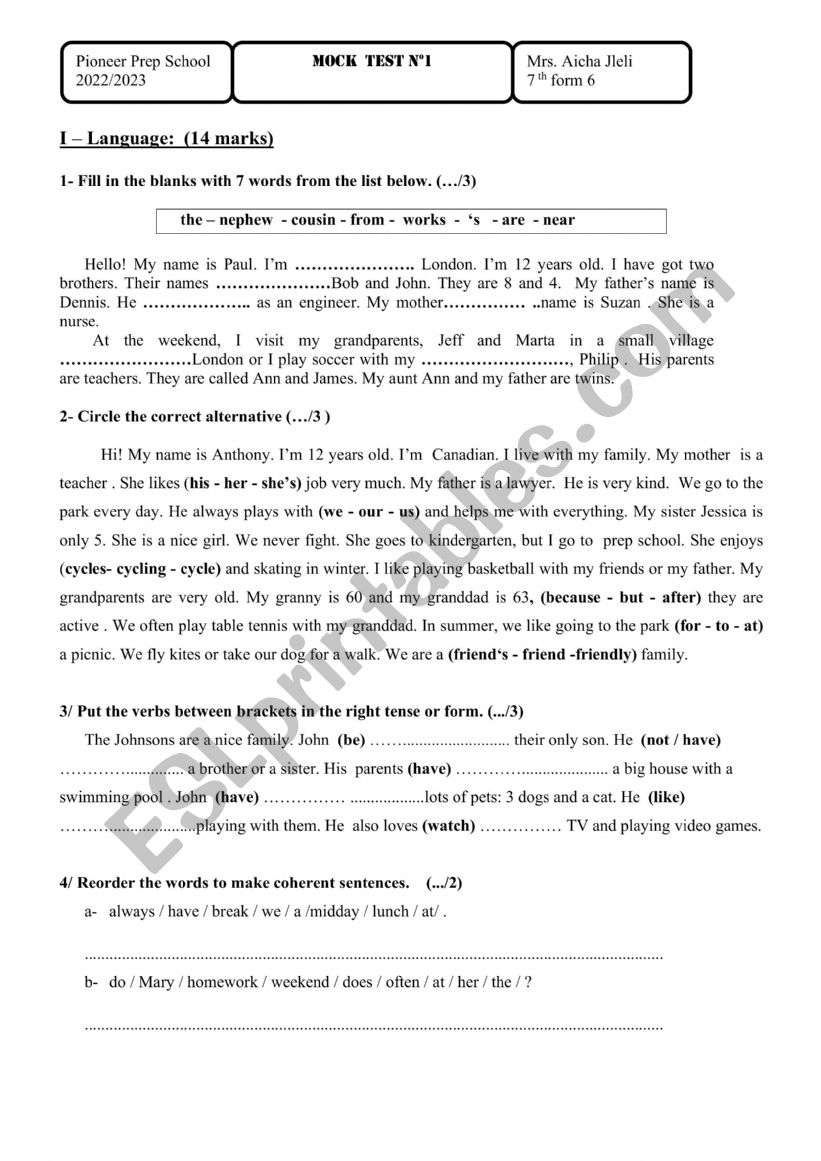 mock test 7th grade term 1 worksheet