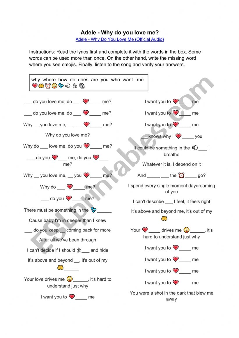 Question forms-Adele songs. worksheet