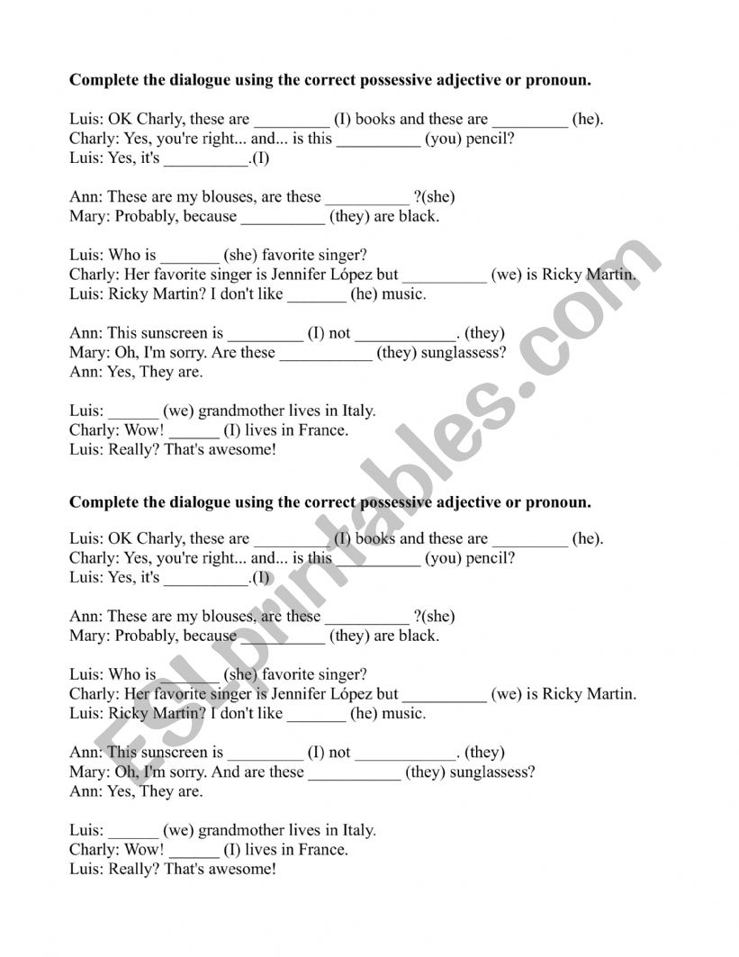 possessives worksheet