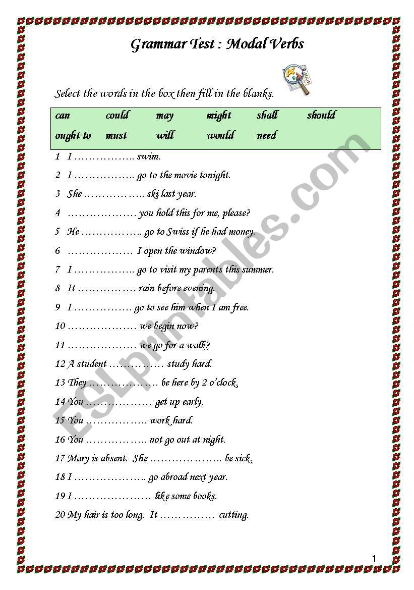 Grammar Test 1 Modal Verbs ESL Worksheet By June Educate