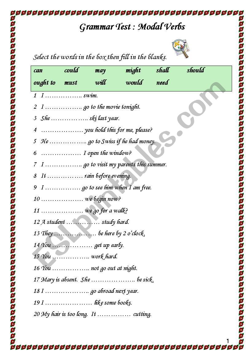 Grammar Test 1 Modal Verbs ESL Worksheet By June educate