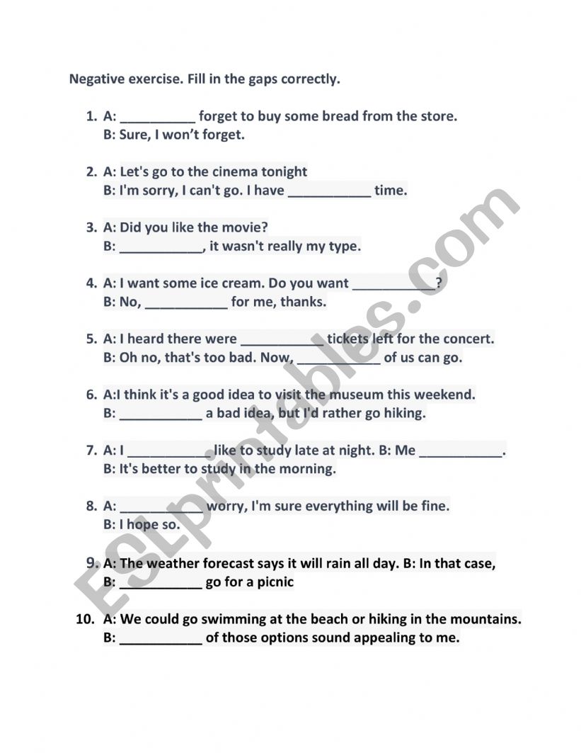 Negative forms worksheet worksheet