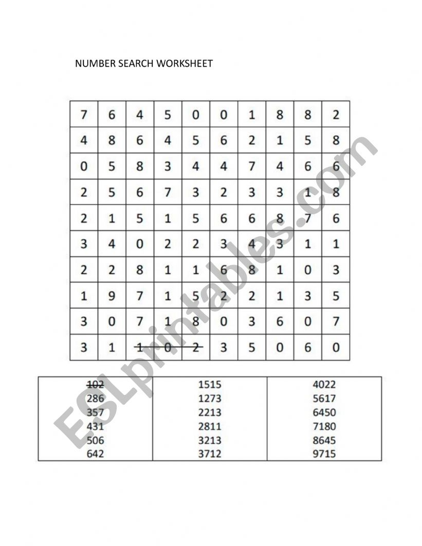 Number Search Worksheet worksheet