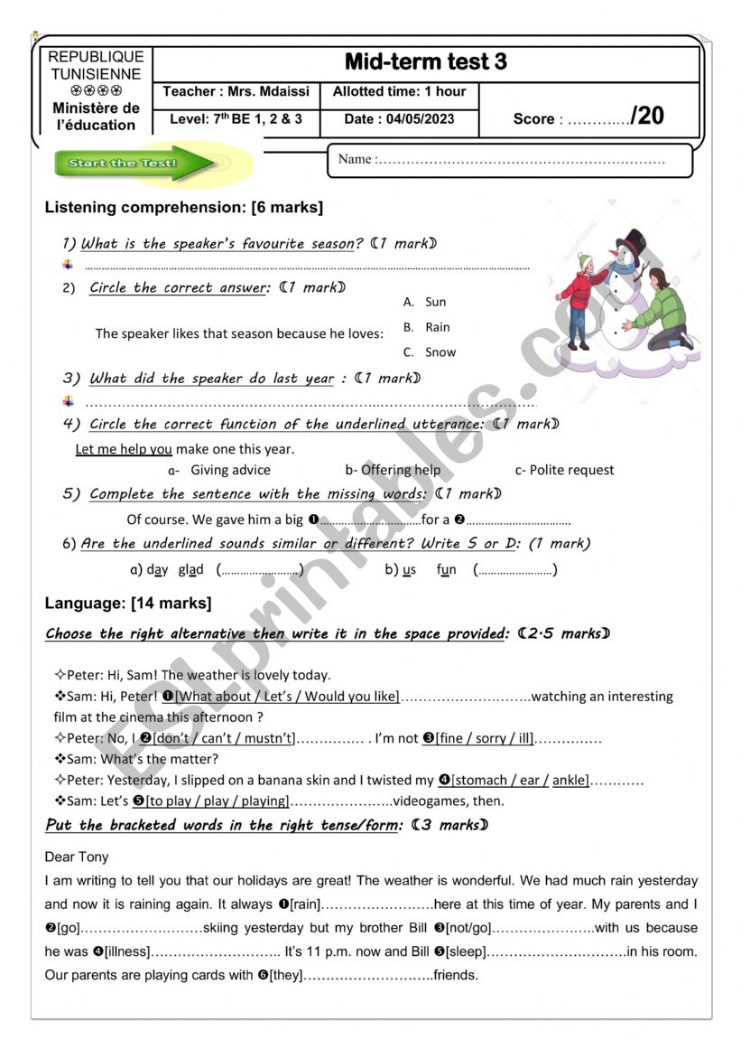 Mid term test worksheet