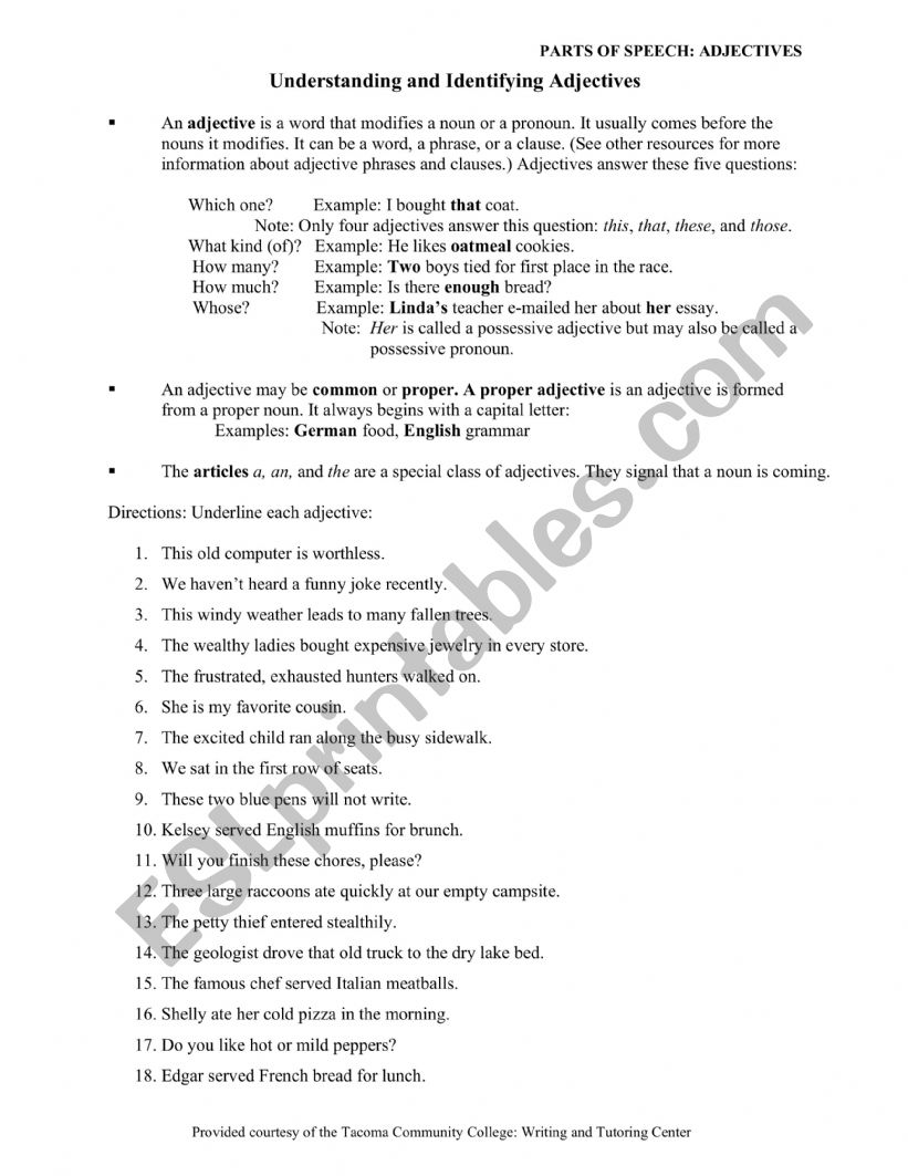 Parts of speech worksheet